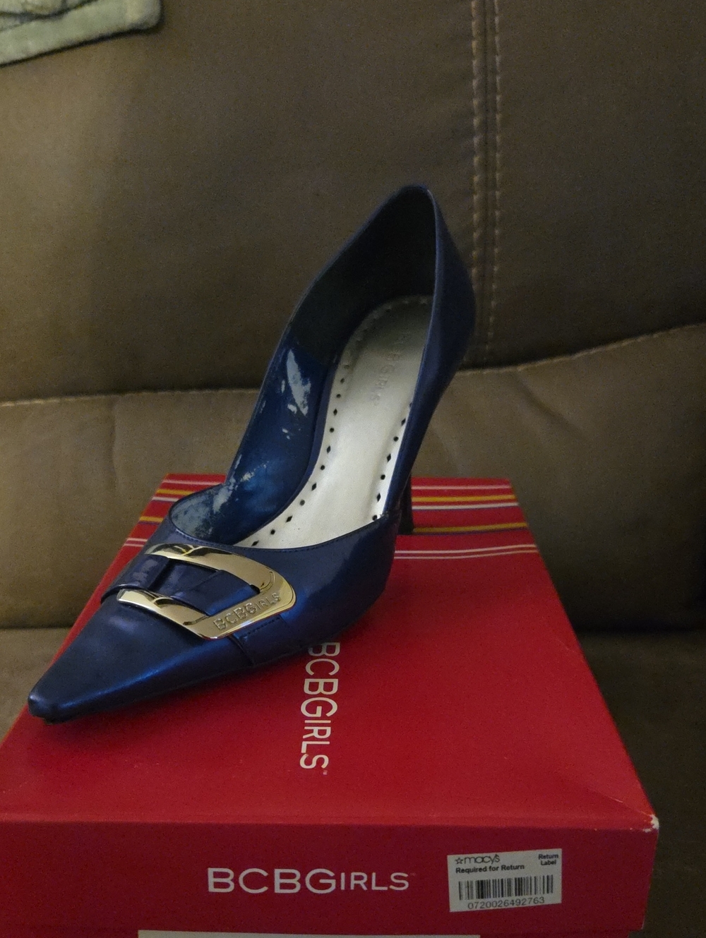 BCBGirls Navy Pointed Toe Pump with Gold Accent Buckle